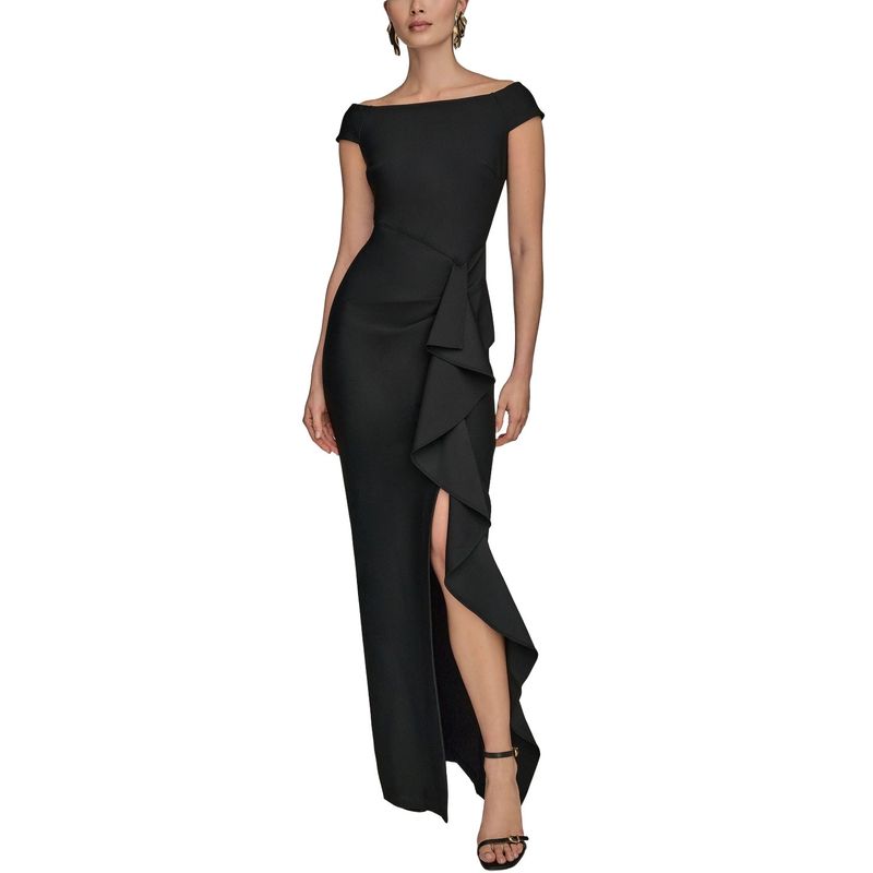 Donna Karan New York Womens Side Ruffle Off The Shoulder Gown 16 Black Nwt $279